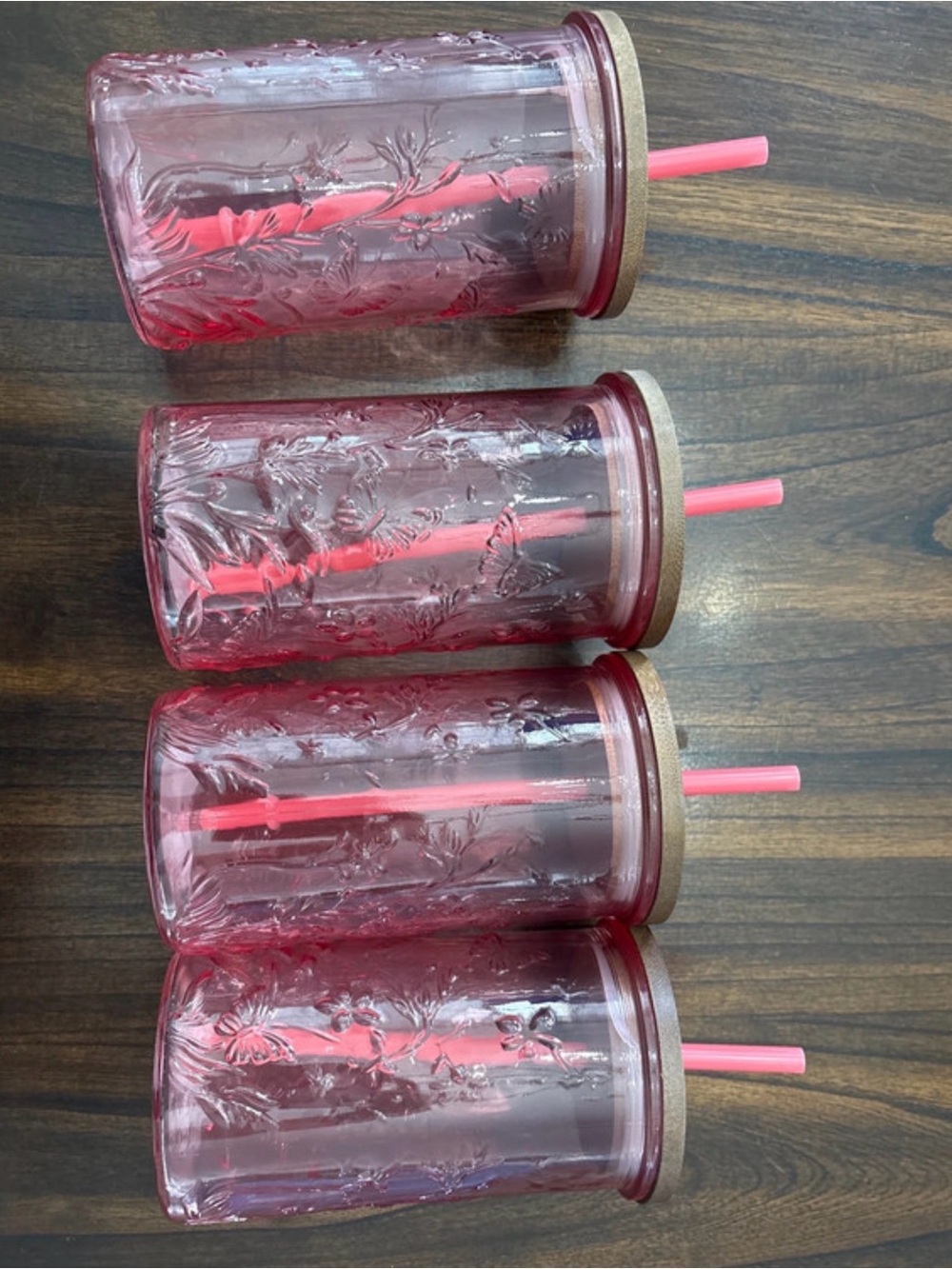 Floral Embossed Pink Tumbler Set with Wood-Look Lids & Pink Straws - 4 Pack